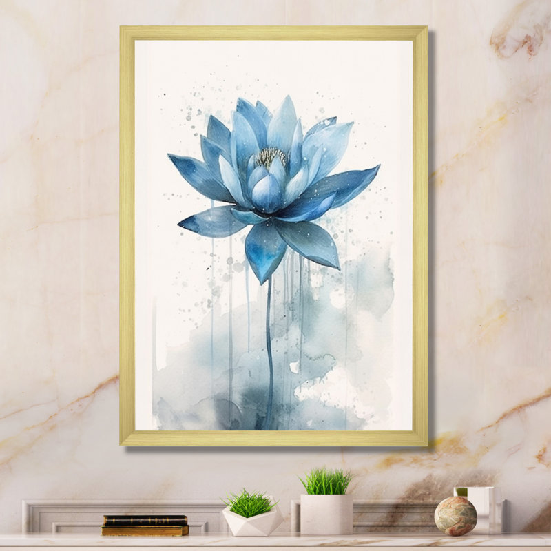 Réflexions rétro de lotus bleus, H 40 po x l 30 po x P 1,5 po, Cadre flottant doré