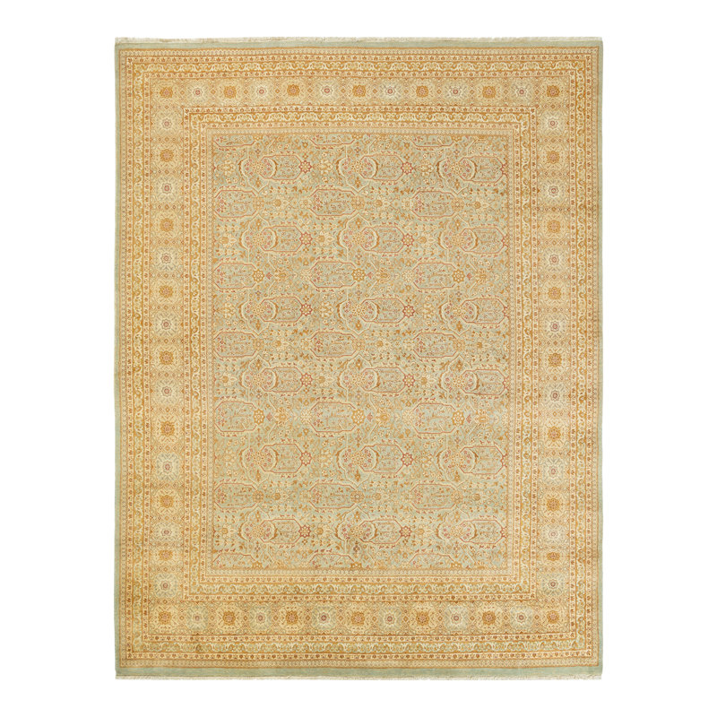 Tapis jaune en laine noué à la main de conception unique 8 pi 1 po x 10 pi 4 po Ohlone