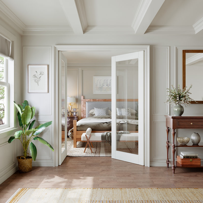 Intérieur 1-Lite porte en verre transparent, porte de dalle française apprêtée à noyau solide avec verre trempé clair certifié SGCC, pré-fini et facile à faire soi-même en satin, sans quincaillerie, garde-manger, chambre à coucher, salle de bain et garde-robe 60 po x 80 po
