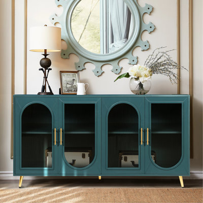 Tv Console For 65+ Inch Television, Storage Cabinet With Special Paint & Adjustable Shelves, Navy Blue Bedroom Cabinet, Wood Shelves Glass, Stand Living Room