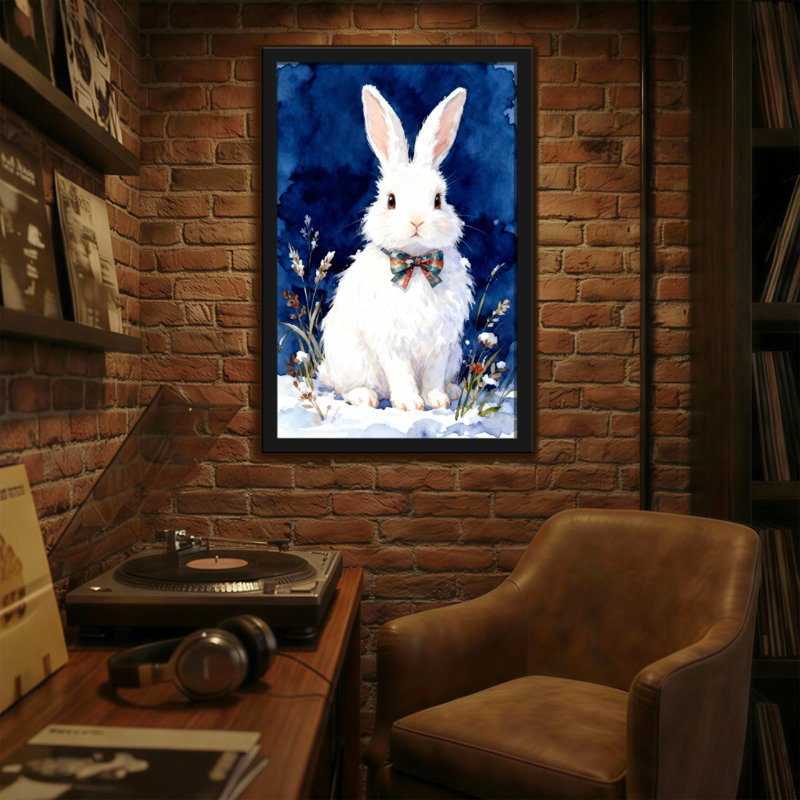 Lapin de Noël blanc avec nœud papillon sur fond enneigé, H 36 po x l 24 po