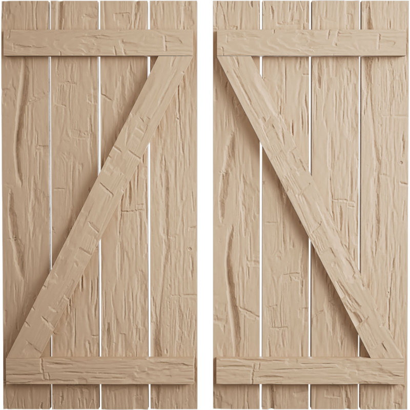 Volets rustiques à quatre planches espacées avec planche en Z (par paire), Texture taillée à la main / brun clair apprêté