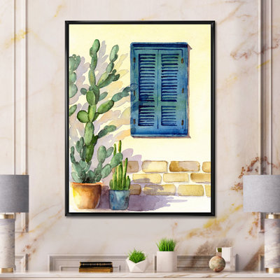 «House Facade with a Window with Turquoise Shutters», reproduction sur toile à cadre flottant