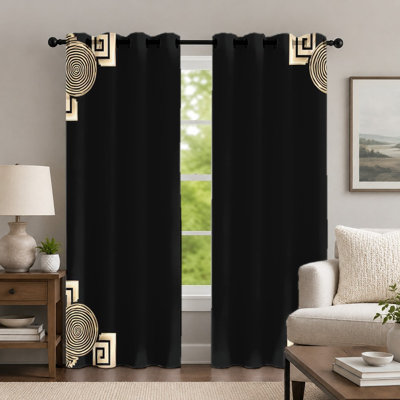 2Pcs Black and Gold Geometric Pattern Curtains, Minimalist Style Curtain, Modern Elegant Spiral Art Printed Grommet Drapes, Window Treatment for Bedroom Living Room Decor