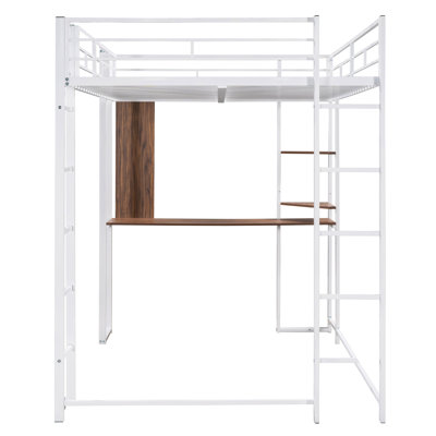 Lit mezzanine en métal, blanc - équipé d'un bureau et de 2 tablettes pour un endroit élégant offrant un espace soigné