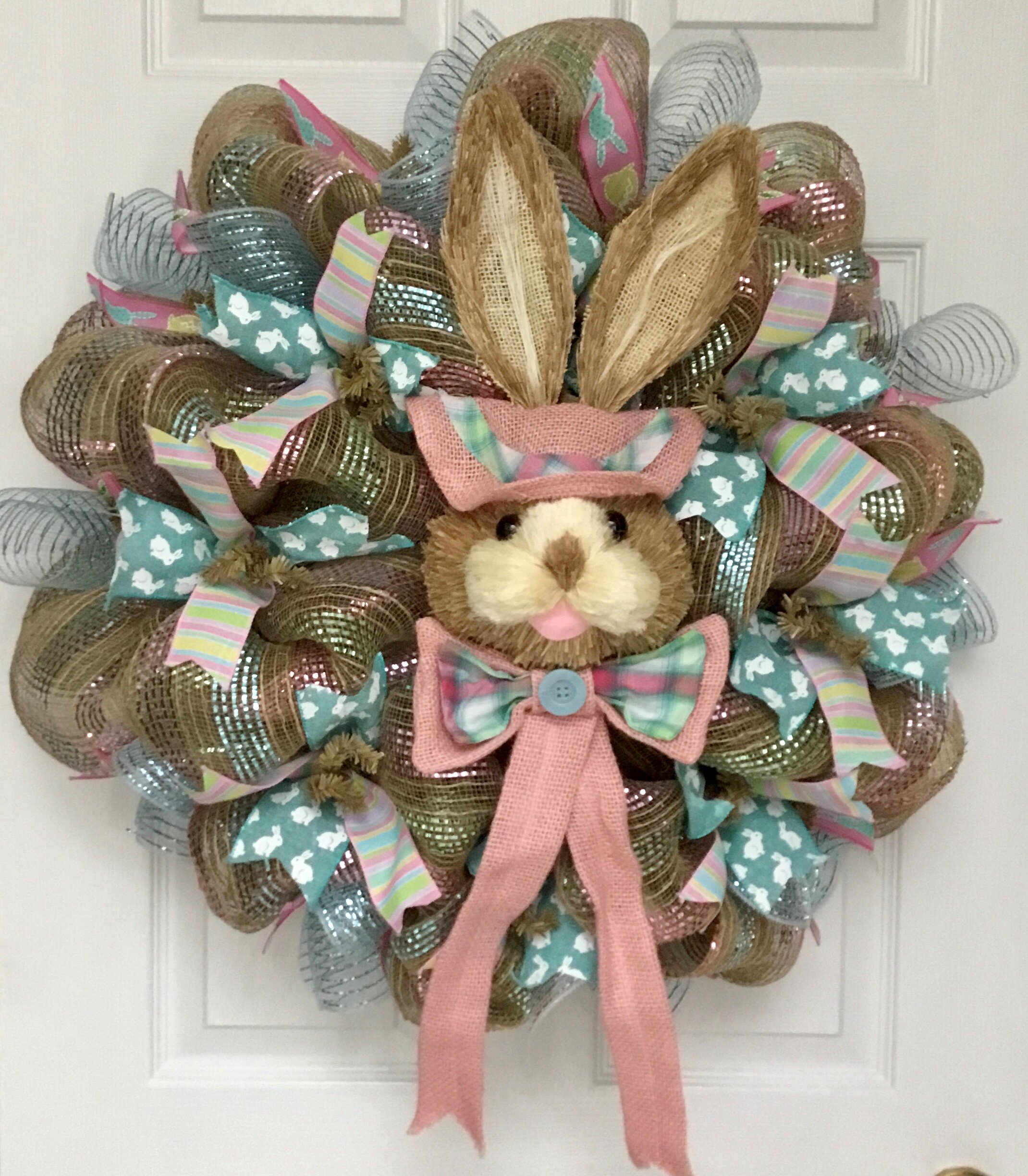 Northlight Colorful Deco Mesh Ribbon Easter Bunny Wreath, 24-Inch