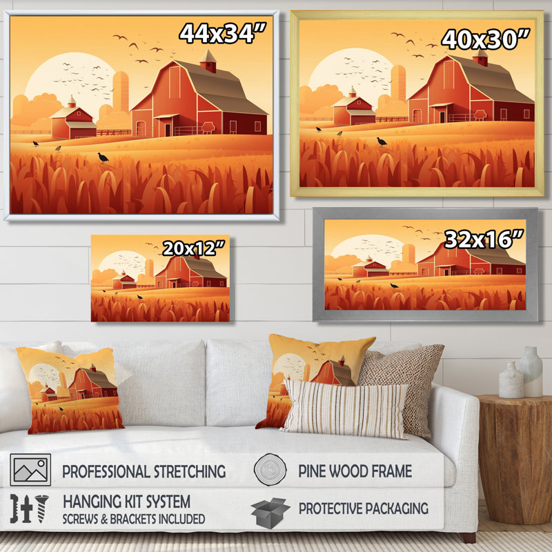 Coucher de soleil sur le champ de blé - Ferme rouge, Toile avec cadre flottant brun, H 12 po x l 20 po x P 1 po