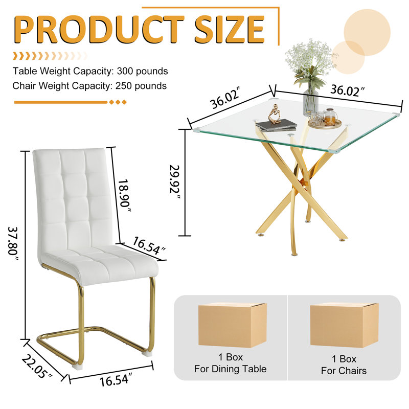 5- Piece Dining Table Set,Glass Top Metal Base Dining Tablewith 4 Faux Leather Dining Chairs, White/Gold, Gold