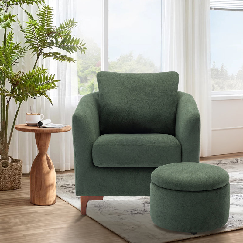 Amold Upholstered Barrel Chair with Storage Ottoman, Green Polyester Blend