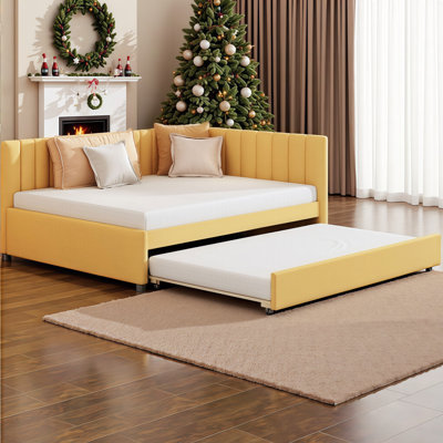 Space Saving Full Upholstered Daybed with Twin Trundle - No Box Spring Needed, Sturdy Wood Frame & Linen Fabric