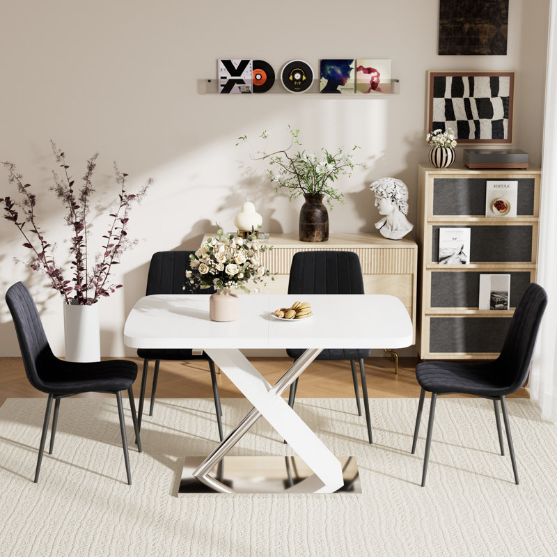 Ensemble de table de salle à manger rectangulaire extensible, 5, Noir, noir, noir, noir, Blanc