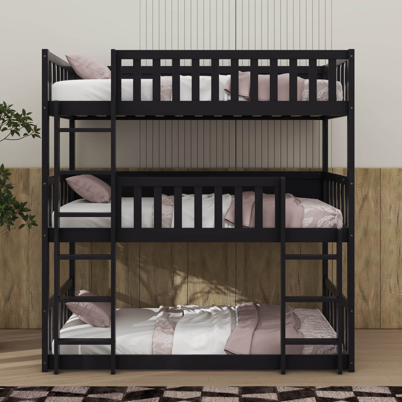 Twin-Sized Triple-Deck Rubber  Bunk Bed Fully Outfitted With Ladders And Guardrails, Black
