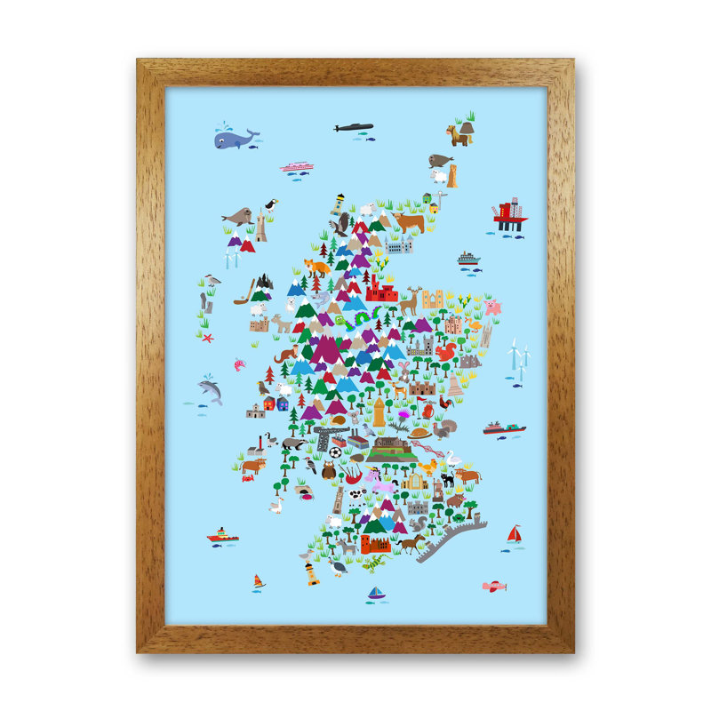 Animal Map Of Scotland Nursery by Michael Tompsett - Print, 88cm H x 64cm W x 3cm D, Brown Framed
