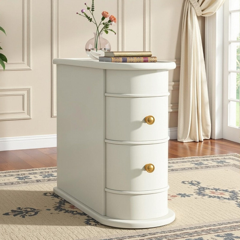 3 tables d'appoint en chêne massif - Table de chevet entièrement assemblée avec 2 tiroirs, Blanc cassé