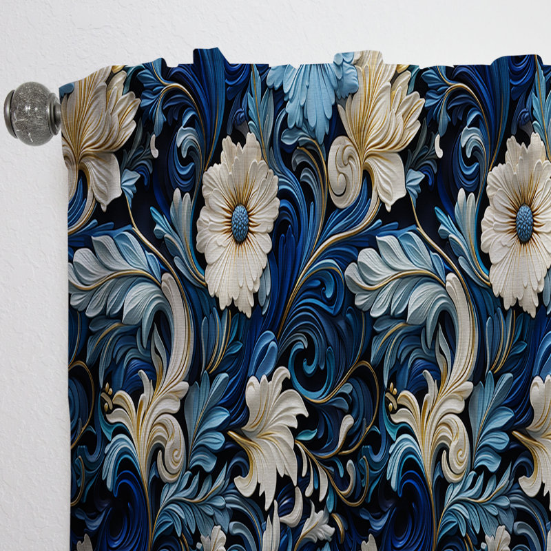 Motif victorien à volutes bleues et volutes - Panneaux de rideaux floraux, L 52 po x L 90 po