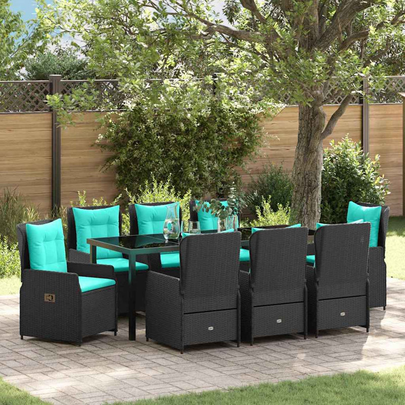  Ensemble de salle à manger de jardin avec coussin 9 pièces, Teal Cushion/Black Frame, 28.74" H x 78.74" W x 31.5" D, 8