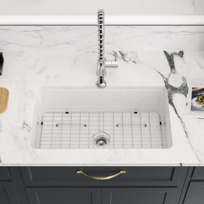 32"x 19" White Undermount Kitchen Sink Porcelain Fireclay Dual Mount Single Bowl Drop-In & Undermount Sink Basin
