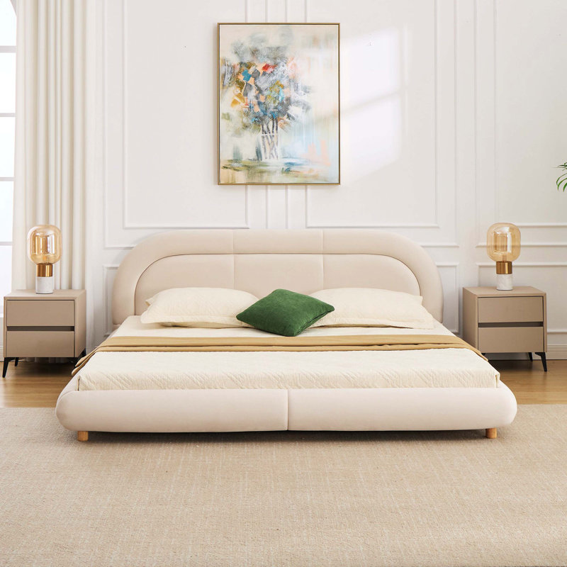 Lit plateforme très bas en velours courbé très grand avec tête de lit arrondie, très grand, Beige