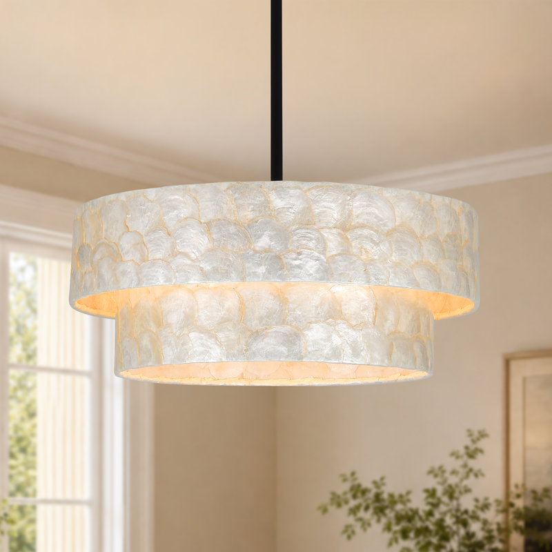 Luminaire suspendu pour îlot de cuisine de style bord de mer à 2 niveaux 19,69 "à 2 niveaux Capiz, Noir