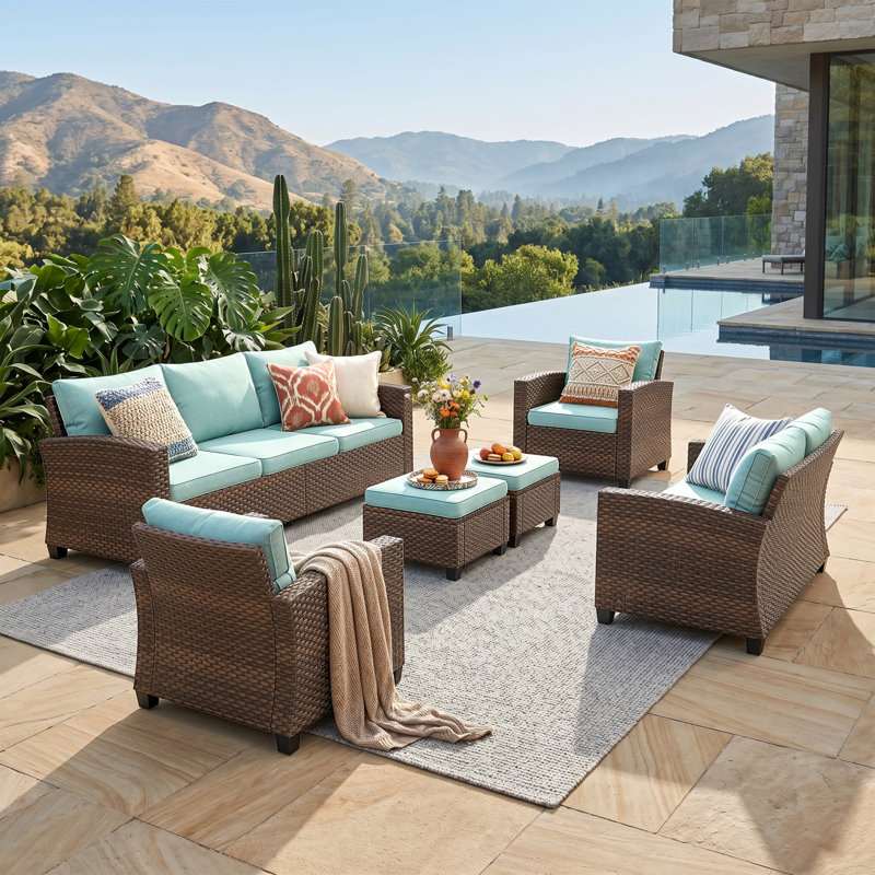 Salem 9 - Person Outdoor Wicker Patio Conversation Furniture Set with Fire Pit Table, Blue, No