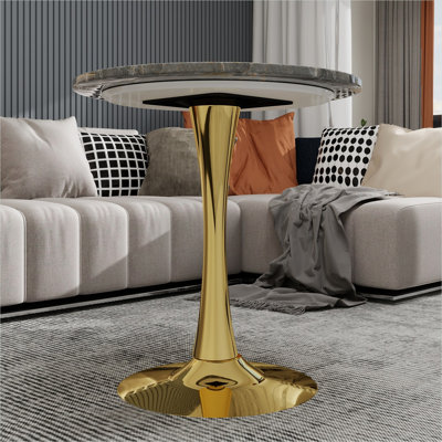 Table de salle à manger ronde pour 2 à 4 personnes, piédestal en fer doré, plateau d'aspect marbre gris foncé, style Mid-Century moderne, 27,6 po