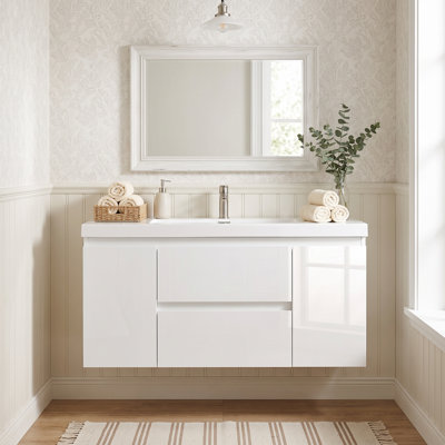 Meuble-lavabo mural en mélamine de bois de 48 po, blanc brillant, résistant à l'usure, antiégratignures et surface non poreuse facile à nettoyer, préassemblé