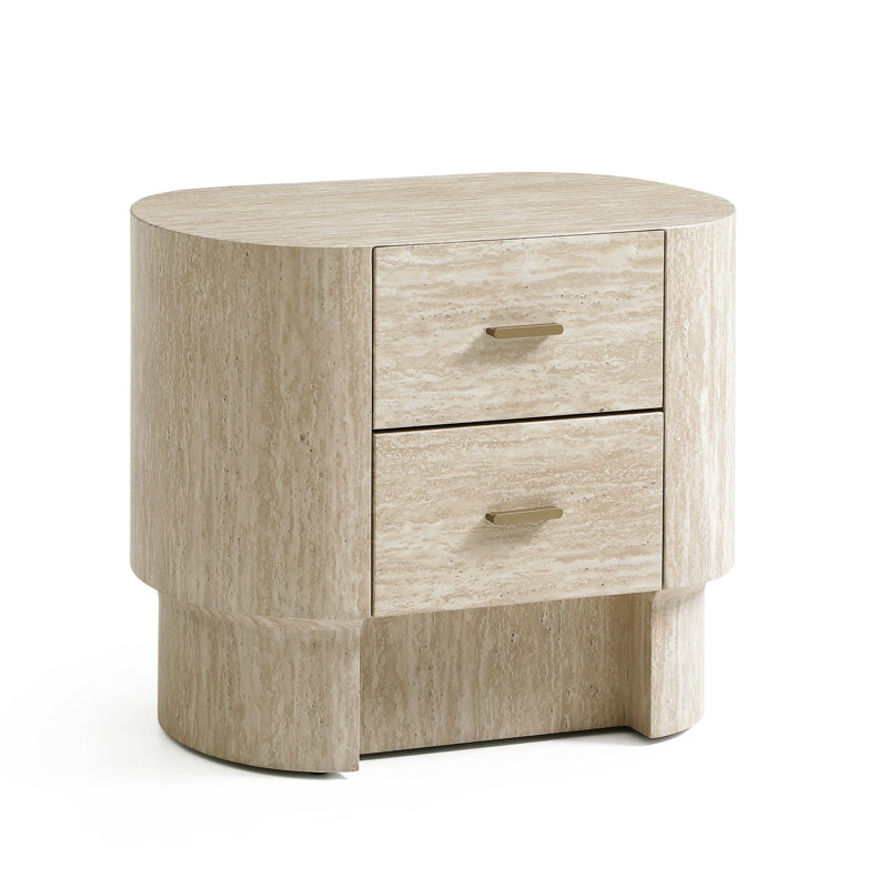 Table de chevet moderne en travertin courbé avec 2 tiroirs, table de chevet beige