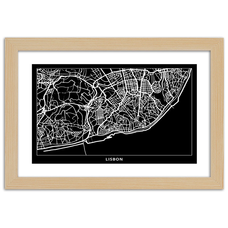 Lisbon City Map 1 Piece Single Picture Frame Wall Art, 70cm H x 100cm W, Light Brown