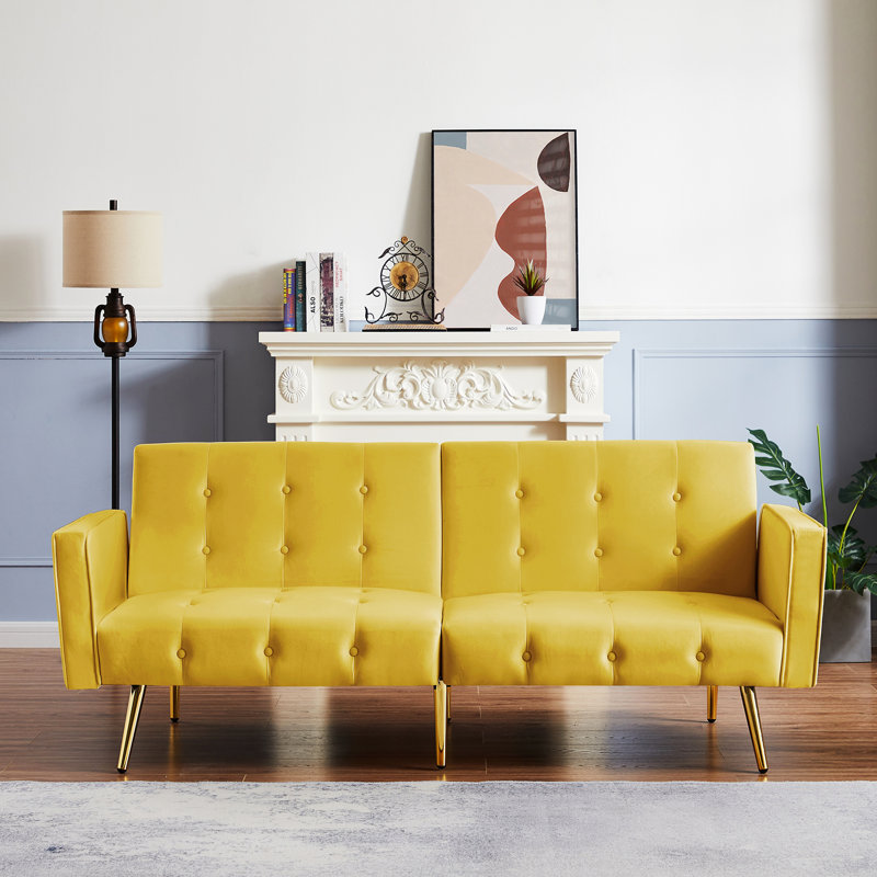 Canapé-lit à accoudoirs carrés en velours de 76 po Larrissa, Velours jaune
