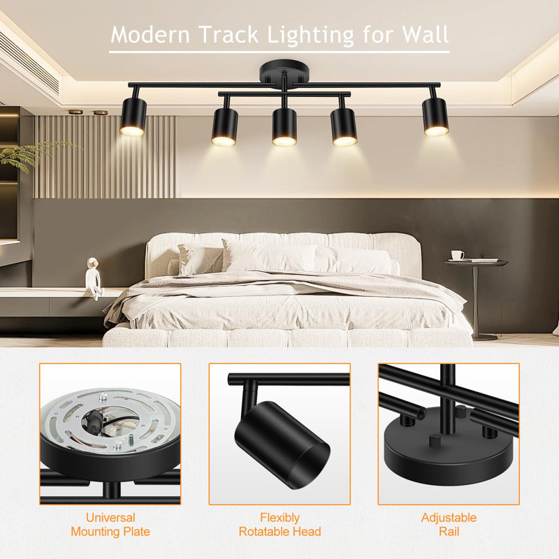 5 Light Swivel Track Lighting Kit, Black 5 Way Ceiling Spot Lighting