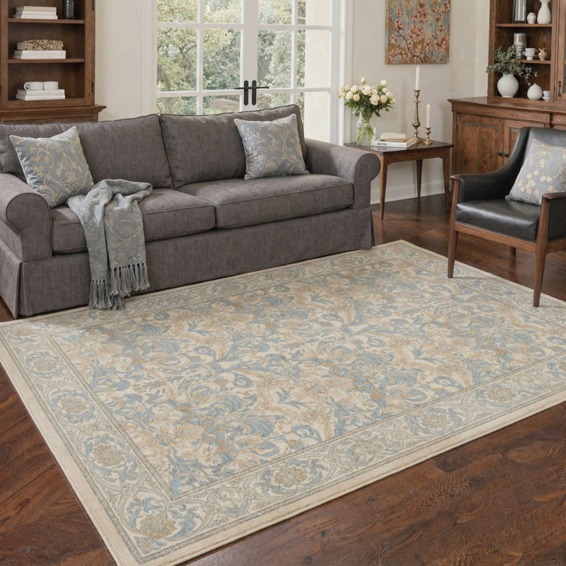 Allendale Verve Floral Machine Washable Blue / Brown Indoor Area Rug with Non-Slip Backing, Round 5'