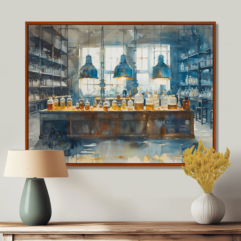 Salon d'art mural bleu et jaune, H 12 po x l 20 po x P 1 po, Cadre flottant brun