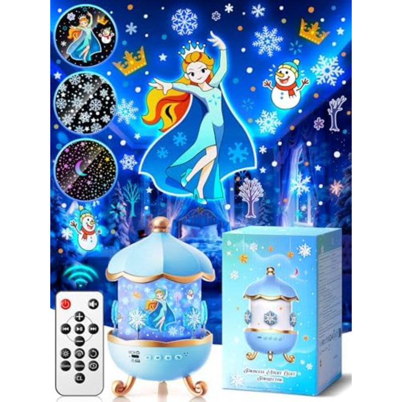 Night Light Snow for Kids, 15 White Noise+16 Films+336 Colors Star Projector for Kids, 360°+Remote+Cordless Baby Night Light Projector, Princess Toys for Girls Room Decor Light