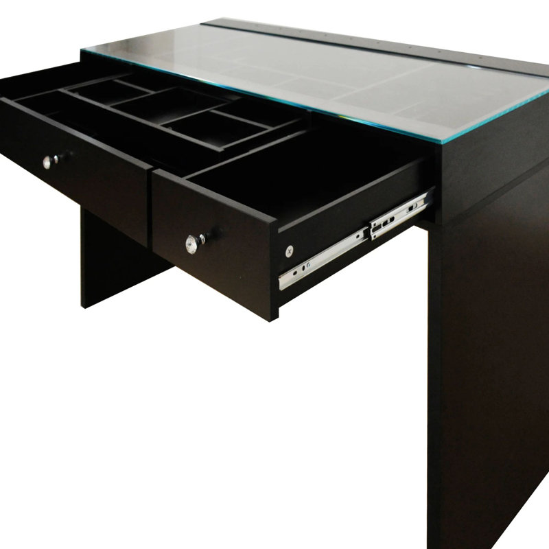 SlayStation Naomi Vanity Table with Glass Tabletop, 4 Drawer Units Bundle Makeup Desk with Clear View Glass Top, Black