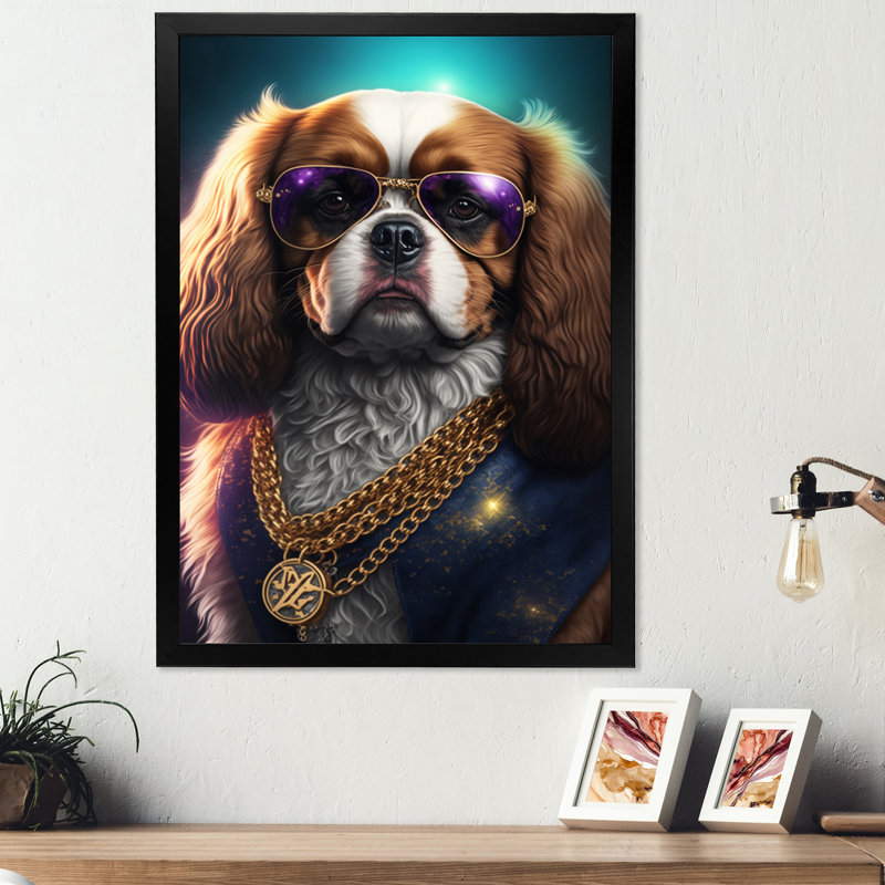 Cavalier King Charles Spaniel Gangster in NYC I - impression sur toile, Impression noire sur toile encadrée