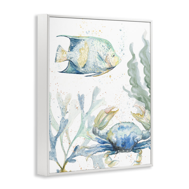 Scène de crabe et de poisson, estampe numérique par Patricia Pinto, Giclée encadrée blanc bord de mer, H 30 po x l 24 po