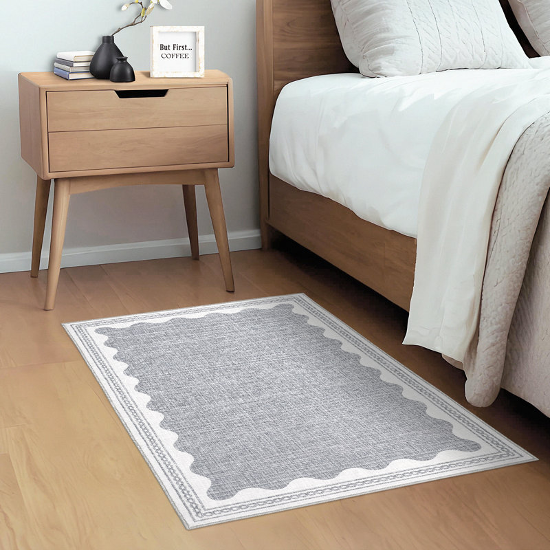 Scalloped Machine Washable Rug Modern Solid Floor Mats with Non-Slip Backing, Stain-Resistant Low Pile Accent Rug, Contemporary Indoor Carpet for Living Room, Bedroom, Office