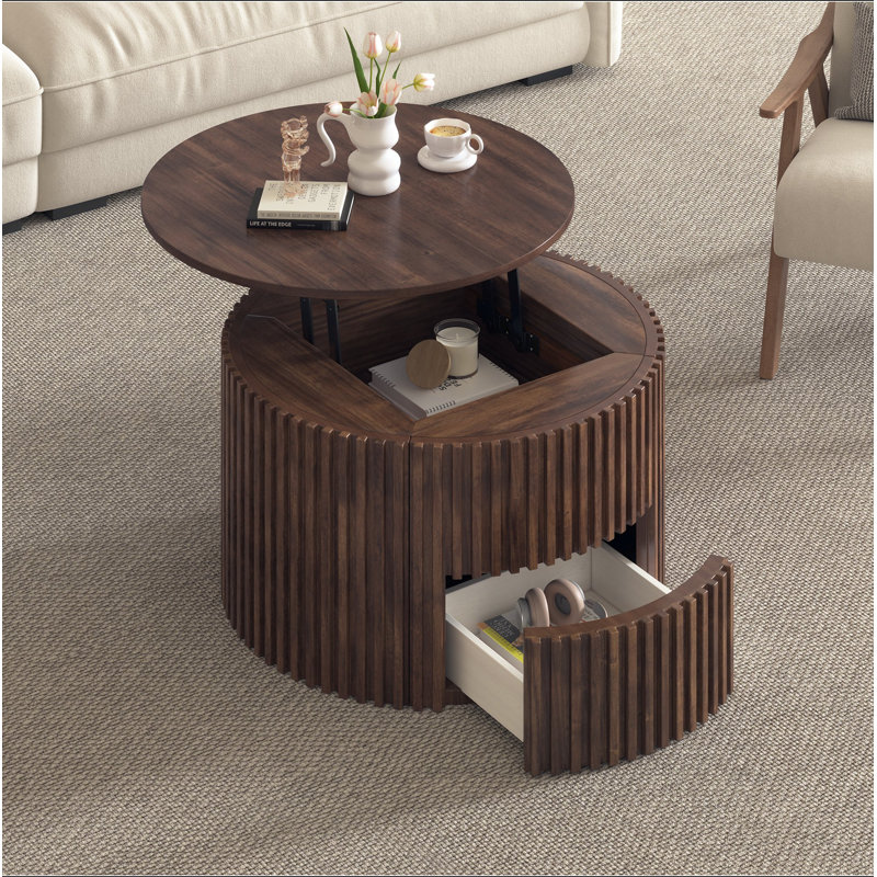 Table basse ronde à plateau relevable, table d'appoint moderne en bois cannelé avec rangement caché pour le salon, Brun