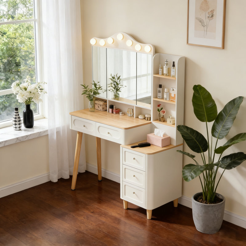 Bureau de maquillage pour coiffeuse avec multiprise et 3 lumières