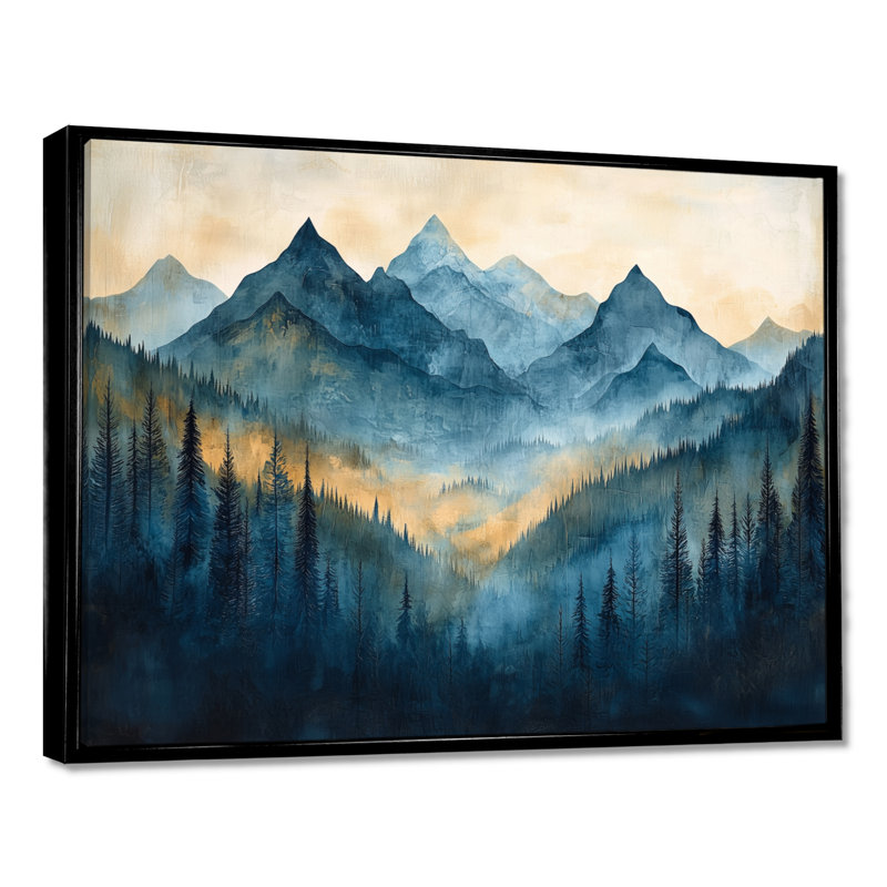 «Mountains Natures Layers In Blue Winter II», art mural montagnes, H 34 po x l 44 po, Noir, Impression encadrée flottante