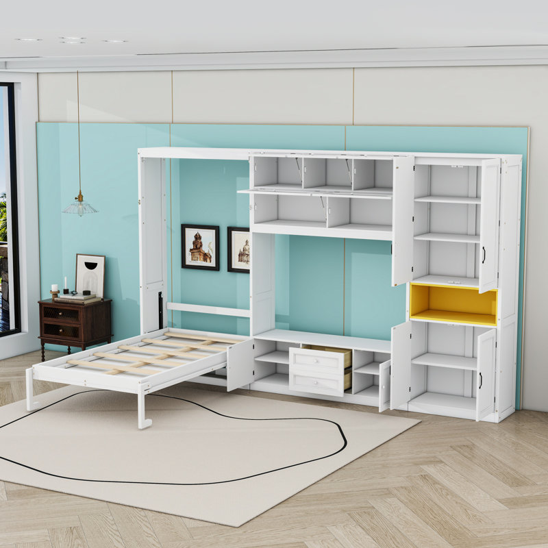 Lit escamotable avec meuble télé, 2 tiroirs, tablettes et armoires, Blanc