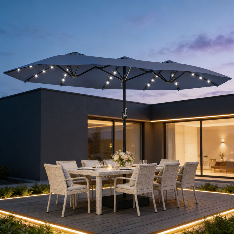 15 Ft Rectangular Patio Umbrella With Base And Solar Lights, Outdoor Offset Umbrella With 360° Rotation, Crank System, Upf 50+ Canopy For Backyard, Pool, Deck