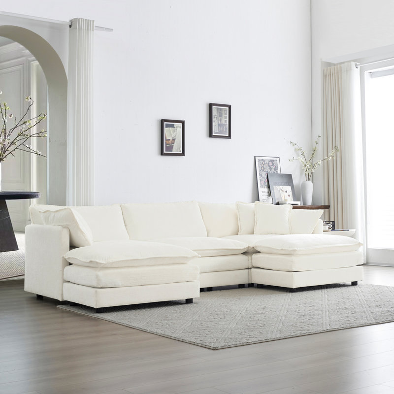 5 canapé convertible avec repose-pieds réversible, canapé modulaire en U blanc pour le salon, tissu chenille minimaliste moderne, 2 repose-pieds et blanc, rembourrage en éponge douce