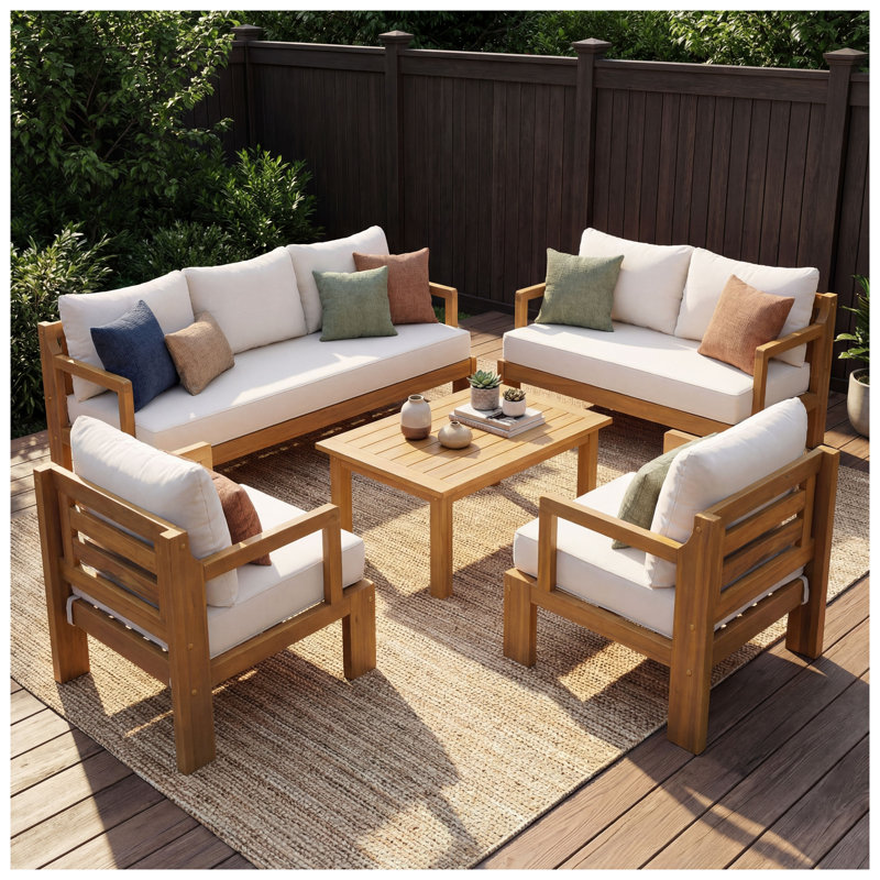 Ensemble de conversation d'extérieur en bois d'acacia 7 places avec coussins imperméables beiges