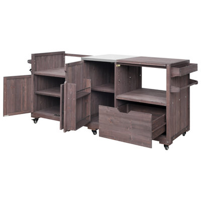80.5" Solid Wood Outdoor Kitchen Island With Stainless Steel Top, Grill Cart Compatible With Big Green Egg & Blackstone