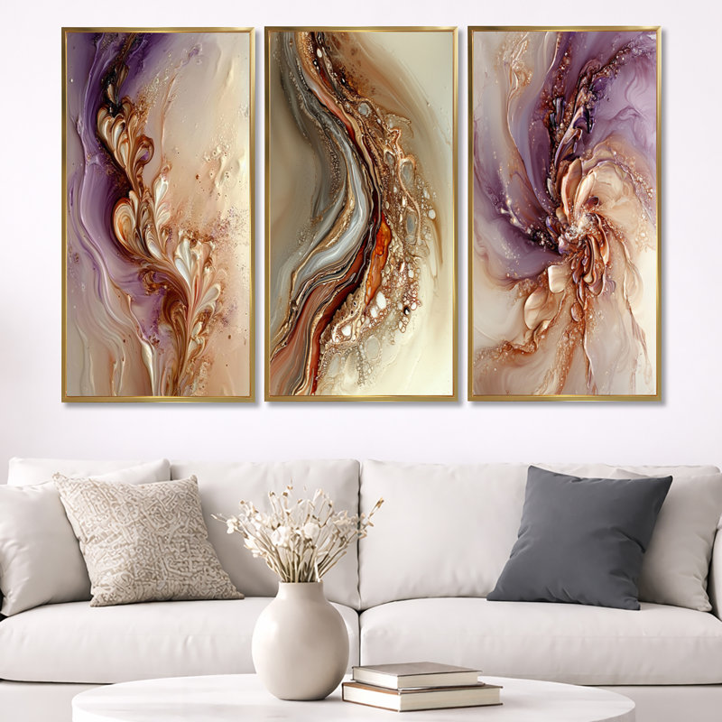 Vague cosmique de lavande, encre liquide, ensemble d'art mural abstrait sur toile, ensemble de 3, H 32 po x l 48 po