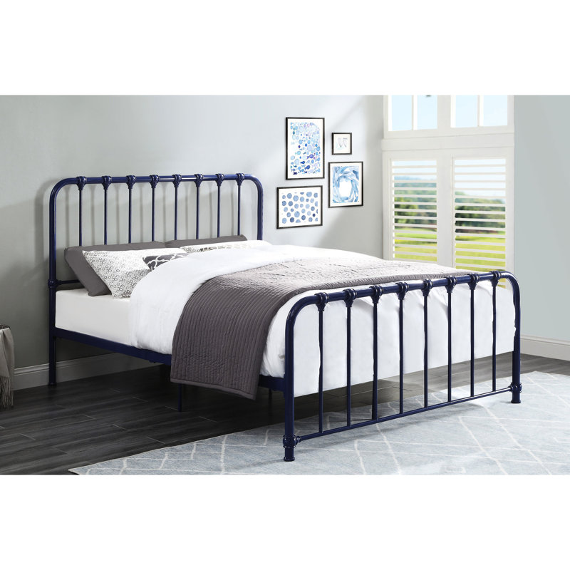 Lit double en métal pleine grandeur avec finition bleue enveloppante pour la chambre à coucher, riche, Double