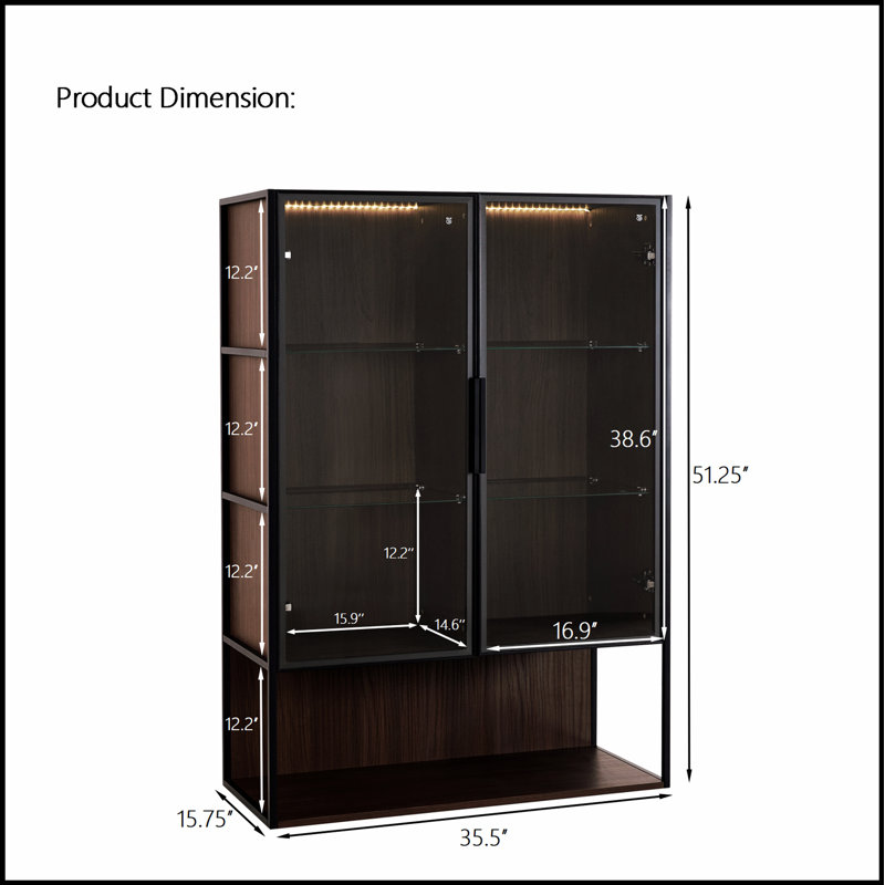 Grande vitrine lumineuse de 51,2 po avec porte en verre trempé, cadre en métal, éclairage DEL, style minimaliste moderne pour diverses pièces