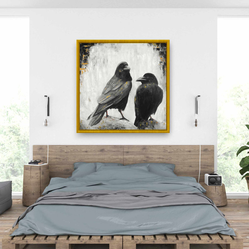 Two Crows Birds - White Hyperrealist Framed Canvas Decor