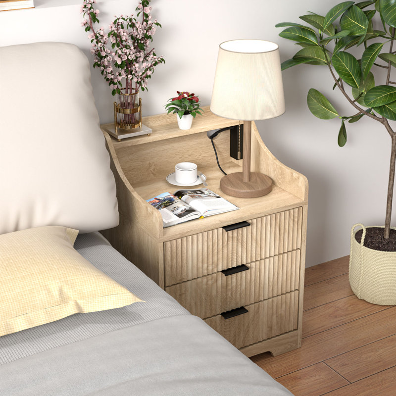 Light Brown 3-Drawer Nightstand with Charging Station